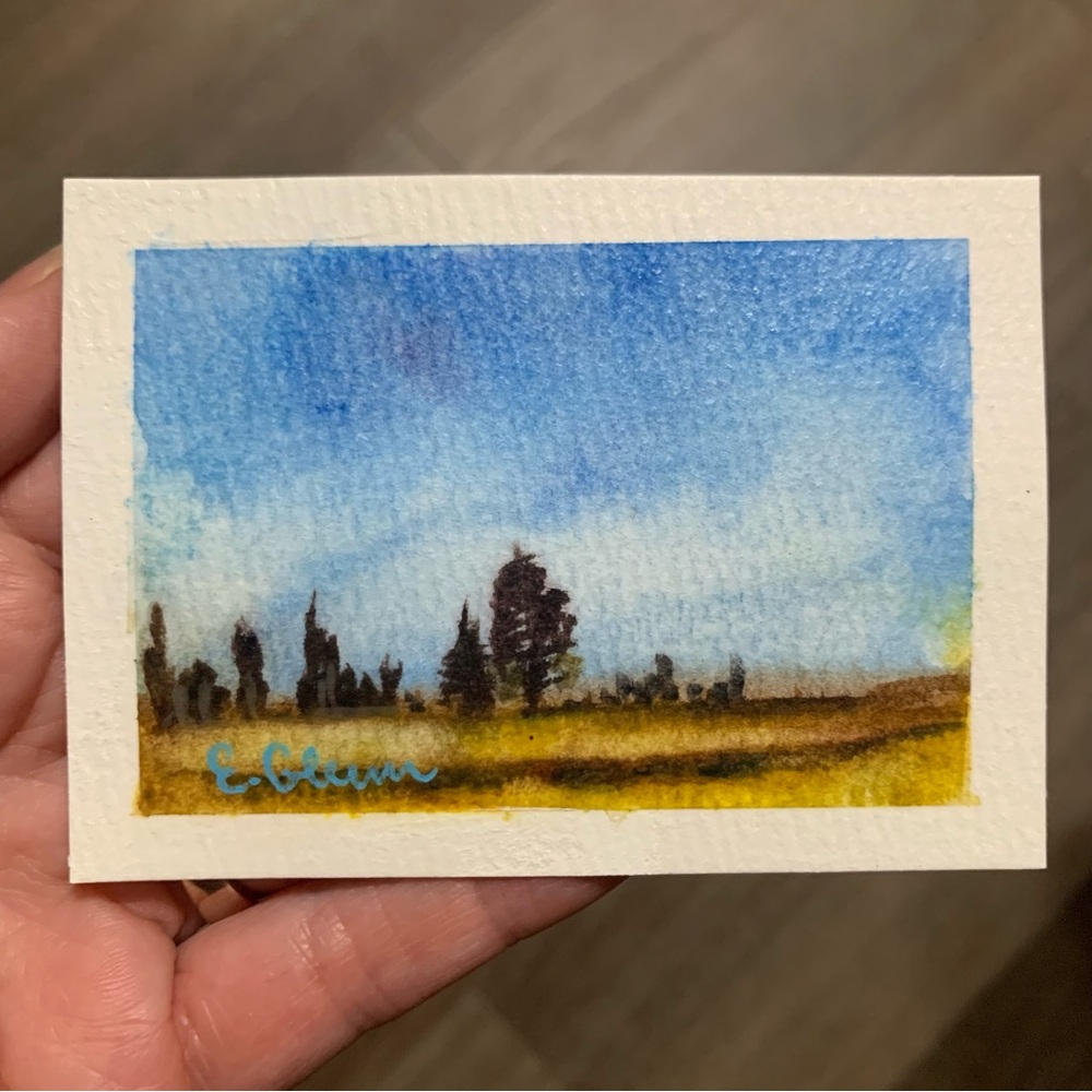 ACEO Miniature Watercolor Landscape Art - Blue Sky & Yellow Field